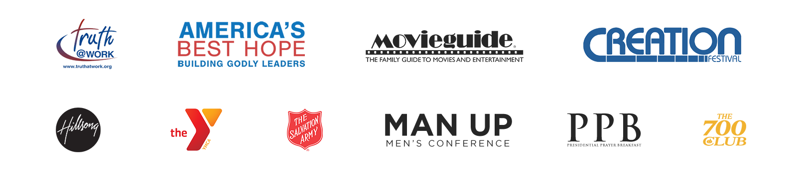 Past appearances include Truth at Work, America’s Best Hope, Movieguide, Creation Festival, Hillsong, the YMCA, The Salvation Army, Man Up Men’s Conference, Presidential Prayer Breakfast, and The 700 Club